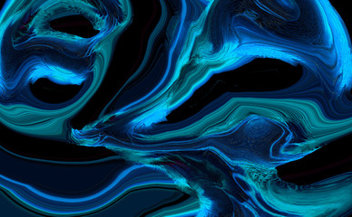 Neon blue abstract liquid paint textured background with decorative spirals and swirls. Dark...