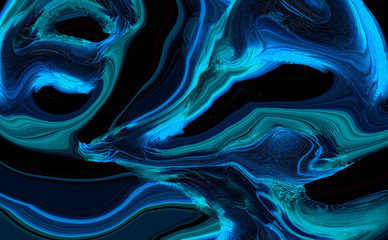 Neon blue abstract liquid paint textured background with decorative spirals and swirls. Dark pattern for modern creative trendy design, marble texture style for illustrations