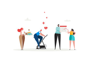 Keto diet, planning fitness. Flat tiny slim fit body people concept. Diet plan schedule, training, nutrition control and vegetables, fish, oil. Weight management, individual dietary service design