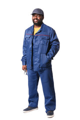 Fototapeta premium African-American car mechanic on white background