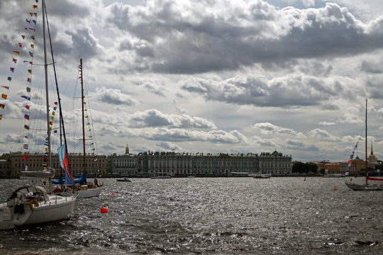 The Hermitage with the river and the sail boats