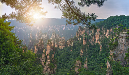 Panoramic view of the stone pillars of Tianzi mountains