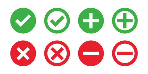 Check mark cross red green isolated vector icons. Flat illustration with red check cross on white background. Green tick, red cross. Flat vector icon. Vote symbol tick.