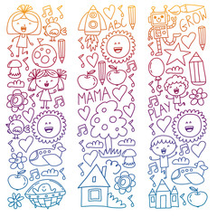 Vector set of Back to School icons in doodle style. Painted, colorful, pictures on white background.