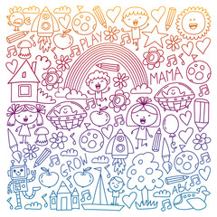 Vector set of Back to School icons in doodle style. Painted, colorful, pictures on white background.