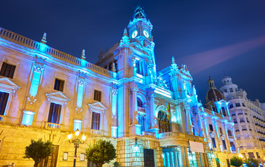 Valencia City Hall, Spain, at night