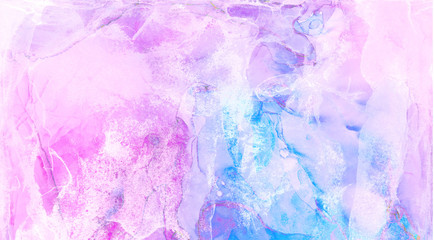 Trendy ethereal light blue, pink and purple alcohol ink abstract background. Bright liquid watercolor paint splash texture effect illustration for card design, banners, modern graphic design