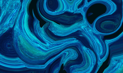 Vivid bright neon blue abstract liquid paint textured background with decorative spirals and...
