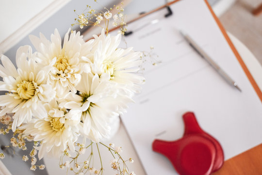 alternative therapies, table and flower ,background