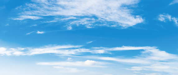 Obraz premium azure sky panorama with puffy clouds. beautiful springtime nature background. dynamic side lit cloudscape