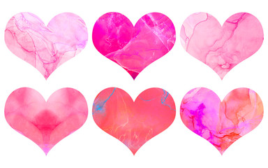 Aquarelle set of bright pink color watercolor hearts isolated on white background. Decorative elements for St Valentines Day cards, wedding and birthday graphics