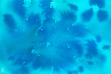 Fototapeta na wymiar Blue splash watercolor texture background. Hand drawn azure touches, blobs, daubs gradient artwork.