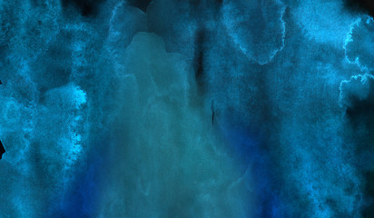 Creative deep dark glowing blue neon watercolor on black paper illustration. Lightning night sky...