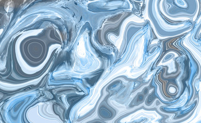 Fototapeta premium Blue abstract liquid paint textured frame with decorative spirals and swirls. Holographic light color background for modern creative trendy design, marble texture style for illustrations