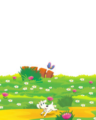 Cartoon farm scene with farm meadow on white background - illustration for children