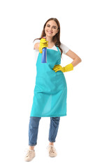 Female janitor on white background