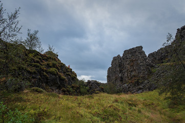 Fototapeta na wymiar Thingvellir National Park - famous area in Iceland right on the spot where the atlantic tectonic plates meets. UNESCO World Heritage Site. September 2019