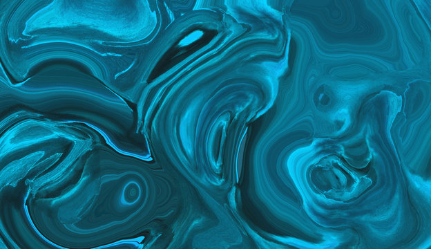 Vivid bright neon blue abstract liquid paint textured background with decorative spirals and swirls. Dark pattern for modern creative trendy design, marble texture style for illustrations