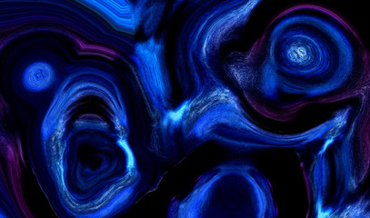 Vivid neon blue abstract liquid paint textured background with decorative spirals and swirls. Dark pattern for modern creative trendy design, marble texture style for illustrations