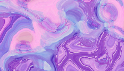 Light pink, blue and purple abstract liquid paint textured background with decorative spirals and...