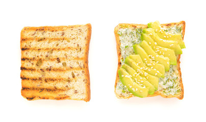 Tasty avocado sandwich on white background