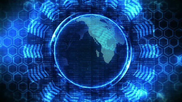 Earth globe 3d with business high tech background. Graph arrow loop animation. Hexagon geometric design and binary numbers background.