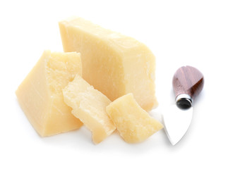 Tasty Parmesan cheese with knife on white background