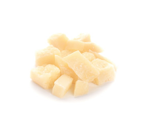 Pieces of tasty Parmesan cheese on white background