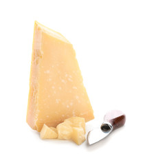 Tasty Parmesan cheese with knife on white background