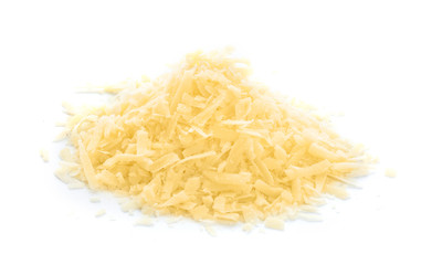 Grated tasty Parmesan cheese on white background