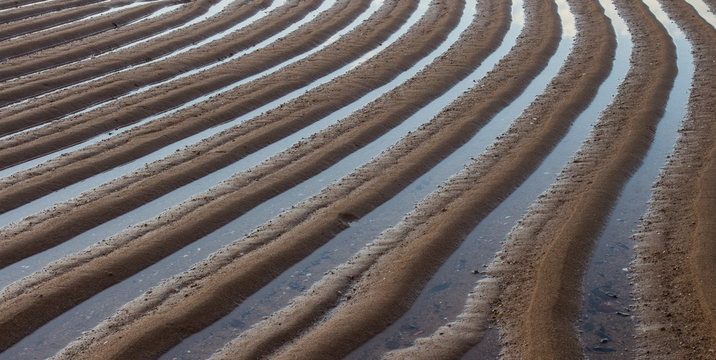 Plage &agrave; mar&eacute;e basse, avec le sable qui dessine des vagues