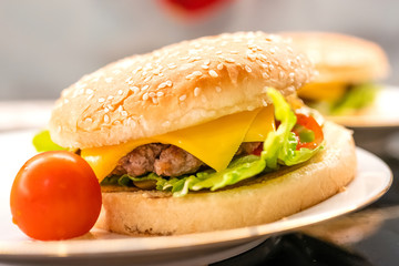 Homemade hamburger with cherry tomato on the plate closeup. Selective focus