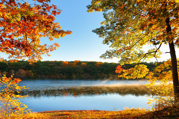 Fototapeta na wymiar Beautiful Sunrise over a lake with fall foliage in foreground, Boston Massachusetts.