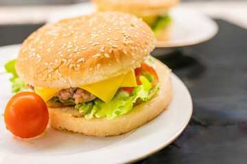 Homemade hamburger with cherry tomato on the plate. Selective focus