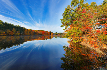Beautiful New England Fall Foliage with reflections at sunrise, Boston Massachusetts.