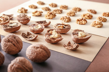 Tasty walnuts on color background