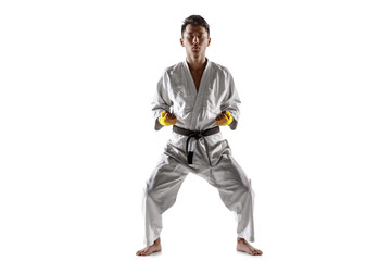Confident korean man in kimono practicing hand-to-hand combat, martial arts. Young male fighter with black belt training isolated on white studio background. Concept of healthy lifestyle, sport.