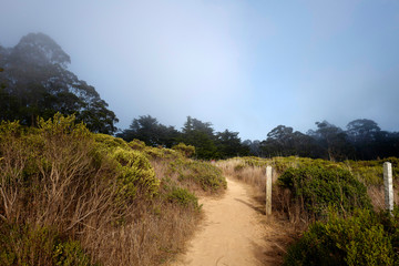 Fototapeta na wymiar Hiking trail pathway on mountain with subtle fog and blue sky