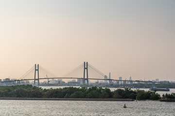 Ho Chi Minh City, Vietnam - March 13, 2019: Song Sai Gon river at sunset. Phu My suspension bridge with green belt and river water in front and tall downtown buildings in back.