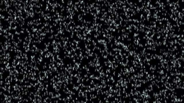 Black abstract background with flying small numbers changing their values from 0 to 9. Animation. Seamless abstract background.