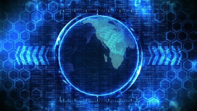 Earth globe 3d with business high tech background. Graph arrow loop animation. Hexagon geometric design and binary numbers background.