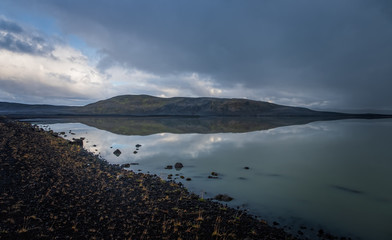 Landscape panorama of Thjorsa river and Sultartangalon lake in Iceland, Europe. September 2019