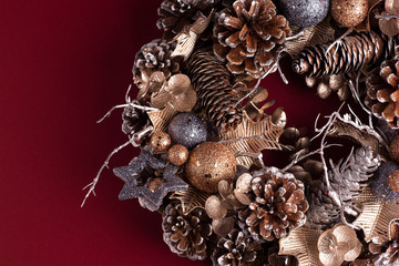 christmas decoration wreath with stars, balls and bumps