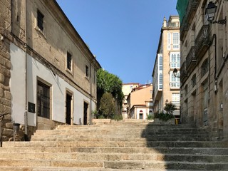 Oursense, Ourense / Spain - August 20 2018: View of the streets and buildings of the city center of Ourense in Galicia during a sunny day