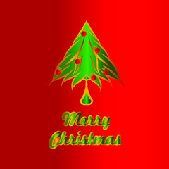 the merry christmas text and christmas tree pines logo on red background