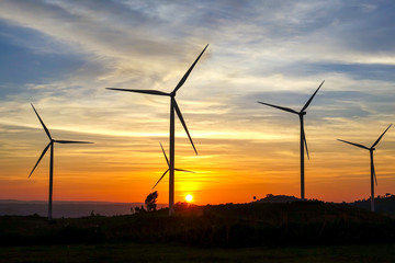 Wind turbine farm from clean energy. Wind power for electricity.