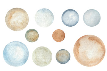 Watercolor round blue, brown, gold texture on white background