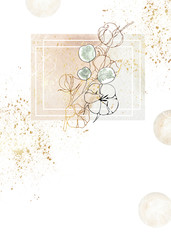 Watercolor floral winter templates with flowers, cotton, blue branches, brown twigs, gold and black Floral silhouettes of cotton, For wedding invitation, card making