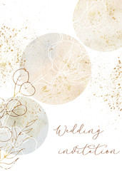 Watercolor floral winter templates with flowers, cotton, blue branches, brown twigs, gold and black Floral silhouettes of cotton, For wedding invitation, card making
