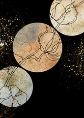 Watercolor floral winter templates with flowers, cotton, blue branches, brown twigs, gold and black Floral silhouettes of cotton, For wedding invitation, card making